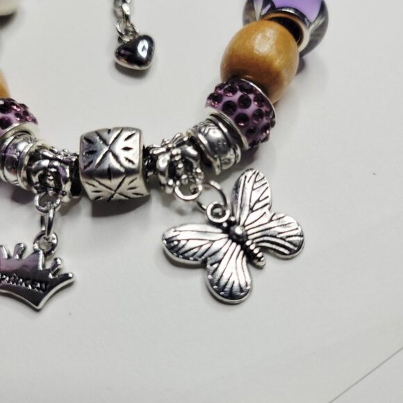 NWT Pandora Style Charm Bracelet Premium Purple Princess Crown Butterfly Sparkle - Picture 5 of 7